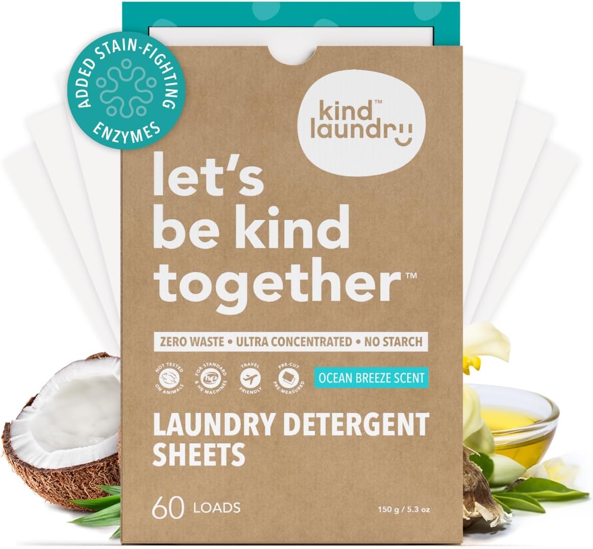 Kind Laundry Detergent Sheets Stain-Fighting Enzymes - Plant Powered Eco-Friendly Laundry Soap Sheets - Home or Travel Laundry Detergent - Ocean Breeze, 60 Loads (Mom's Choice Award Winner) - NestledHome