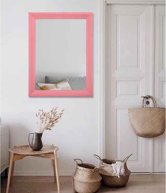 AAZZKANG Rectangle Mirror with Wood Frame Modern Farmhouse Wall Mirrors Decor Large 26"x18" for Bedroom Bathroom Living Room Pink