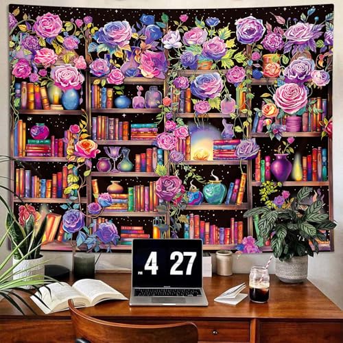 Bookshelf Pink and Purple Flower Tapestry Colorful Plants Tapestries for Bedroom Aesthetic Floral Wall Hanging Cute Girl Bedroom Decor