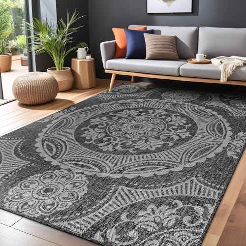Medallion Outdoor Rug 8x10 Washable Outside Carpet for Indoor Patio Porch Waterproof Easy Cleaning Non Shedding Area Rugs Dark Gray 8 x 10