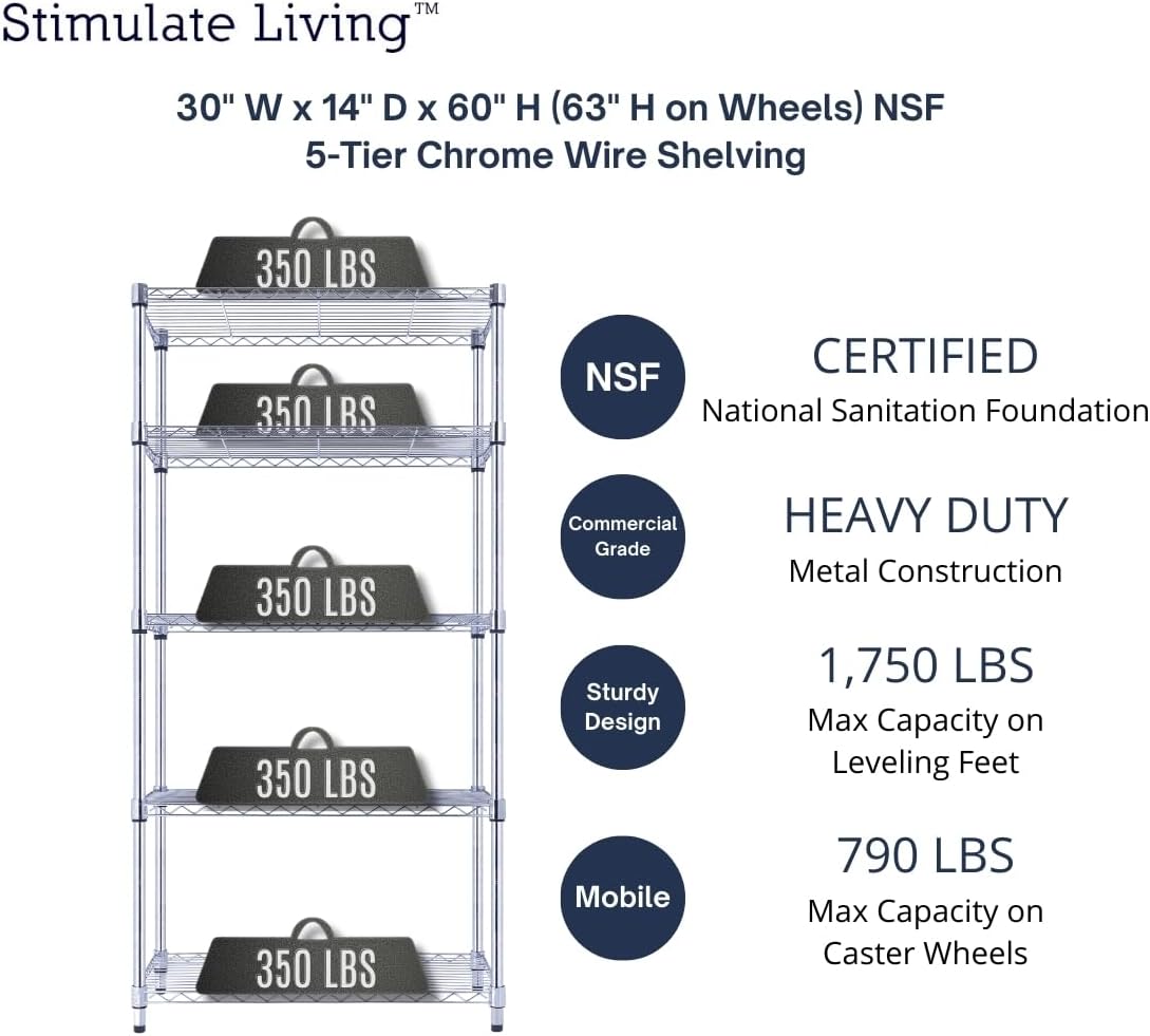 30"x14"x60" PRIME HEAVY DUTY Chrome 5-Tier Wire Shelving 1,750 LBS MAX Capacity Storage Rack for Commercial, School, Home, Garage, Warehouse, Industrial, and Hospital Uses (with Wheels) - NestledHome