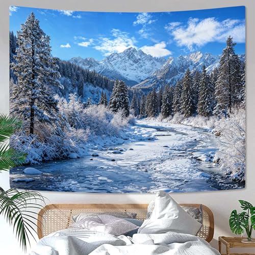 Winter Forest Snow Mountain Tapestry Snowy Pine Tree Woodland Tapestry for Bedroom Aesthetic White Clouds Flowing River Landscape Tapestries Wall Hanging for Living Room Dorm Office 60 x 44 Inch