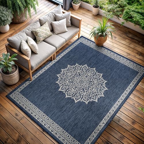 Outdoor Rug 6x9 Medallion Blue Modern Area Rugs for Indoor and Outdoor Patios Kitchen and Hallway Mats Washable Porch Deck Outside Carpet (60 Sq Ft)