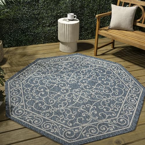 Vintage Filigree Indoor Outdoor Octagon Area Rug 5 Ft Teal