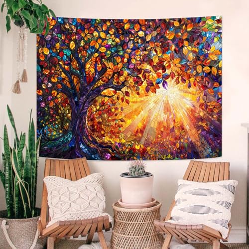Tree of Life Tapestry Stained Glass Tapestry Wall Decor Tapestries for Bedroom Art Tapestries Wall Hanging for Bedroom Living Room Glass