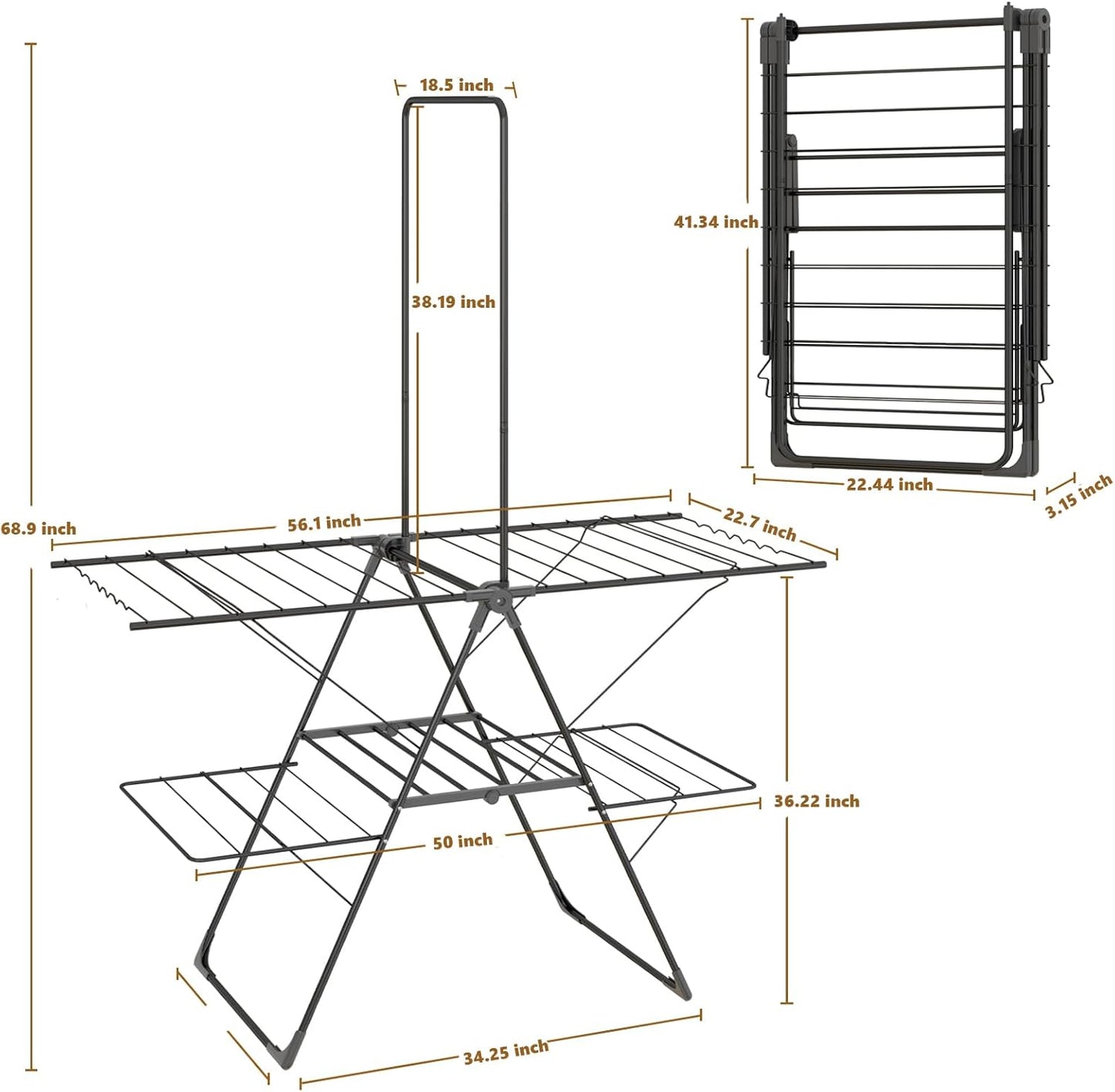 Bigzzia Clothes Drying Rack Foldable, 68.9Inch High Hanger Laundry Drying Rack with 4 Height-Adjustable Wings, Lightweight and Space Saving Clothes Airer for Apartments, Dorms, Camping - NestledHome