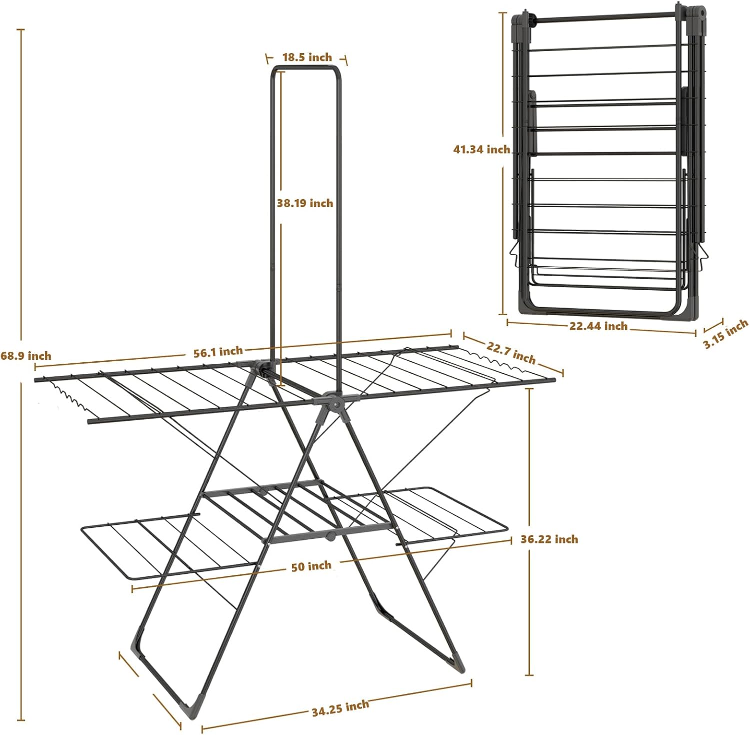 Bigzzia Clothes Drying Rack Foldable, 68.9Inch High Hanger Laundry Drying Rack with 4 Height-Adjustable Wings, Lightweight and Space Saving Clothes Airer for Apartments, Dorms, Camping - NestledHome