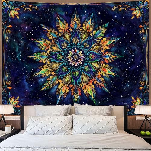 Boho Floral Mandala Tapestry for Bedroom Aesthetic Blue Bohemian Colorful Flower Wall Tapestry Purple Hippie Indian Extra Large Tapestries Wall Hanging for Living Room Dorm Decor 90 x 68 Inch