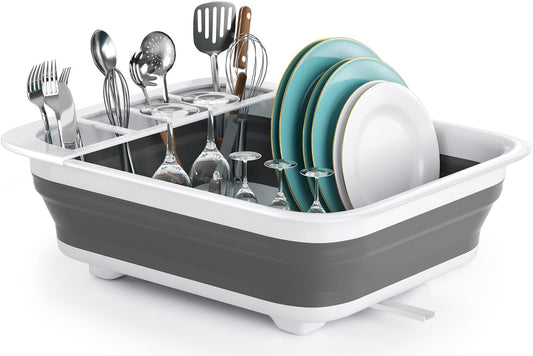 THANSTAR Collapsible Dish Drying Rack for RV Kitchen, Foldable Drainer Organizer for Kitchen Countertop, Space Saving Portable Dish Rack for Campers, Travel Trailer & Small Spaces, Easy Storage, Grey - NestledHome
