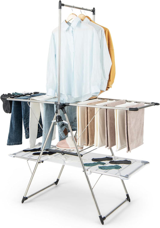 Tangkula Foldable Clothes Drying Rack, 2-Tier Laundry Drying Rack w/Tall Hanging Bar, Height Adjustable Gullwing, Freestanding Garment Stand for Indoor Outdoor Use - NestledHome