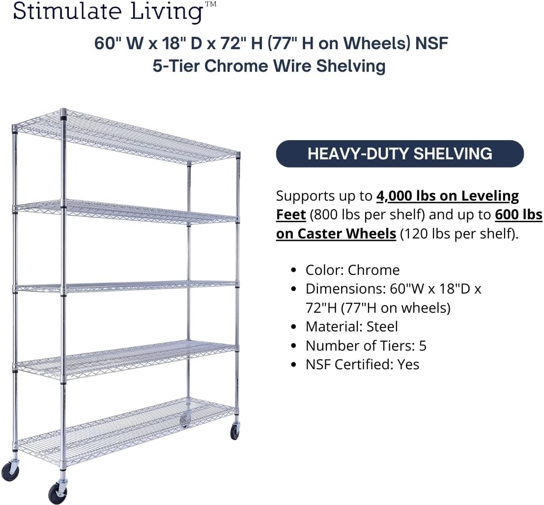 60"x18"x72" PRIME HEAVY DUTY Chrome 5-Tier Wire Shelving 4000 LBS MAX Capacity Storage Rack for Commercial, School, Home, Garage, Warehouse, Industrial, and Hospital Uses (with Wheels) - NestledHome