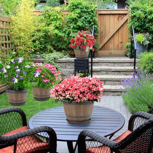 10-inch-Plant-Pots-Indoor-Outdoor, 4 Pack Whiskey Barrel Planters with Drainage Holes & Saucer, Plastic Flower Pots Imitation Wine Barrel Design, Decorative Garden Pots for Plants (4 Count)