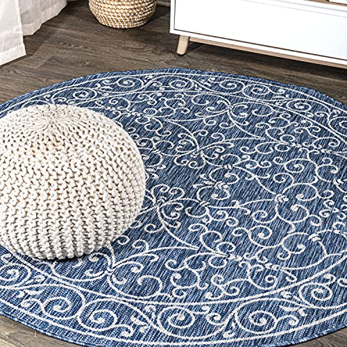 Vintage Filigree Indoor Outdoor Round Area Rug 5 Ft Navy
