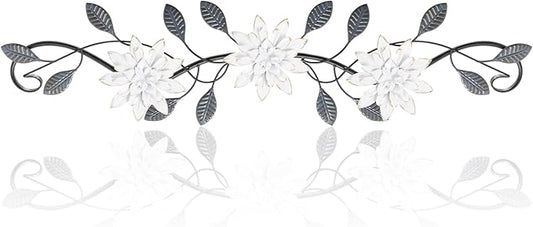 KHJCXS Metal Wall Art Modern Minimalist Metal Flowers Indoor Decor Horizontal Wall Art Iron Artwork,for Over Door,Bedroom,Living Room,Kitchen,Office Scroll Decor (White2)