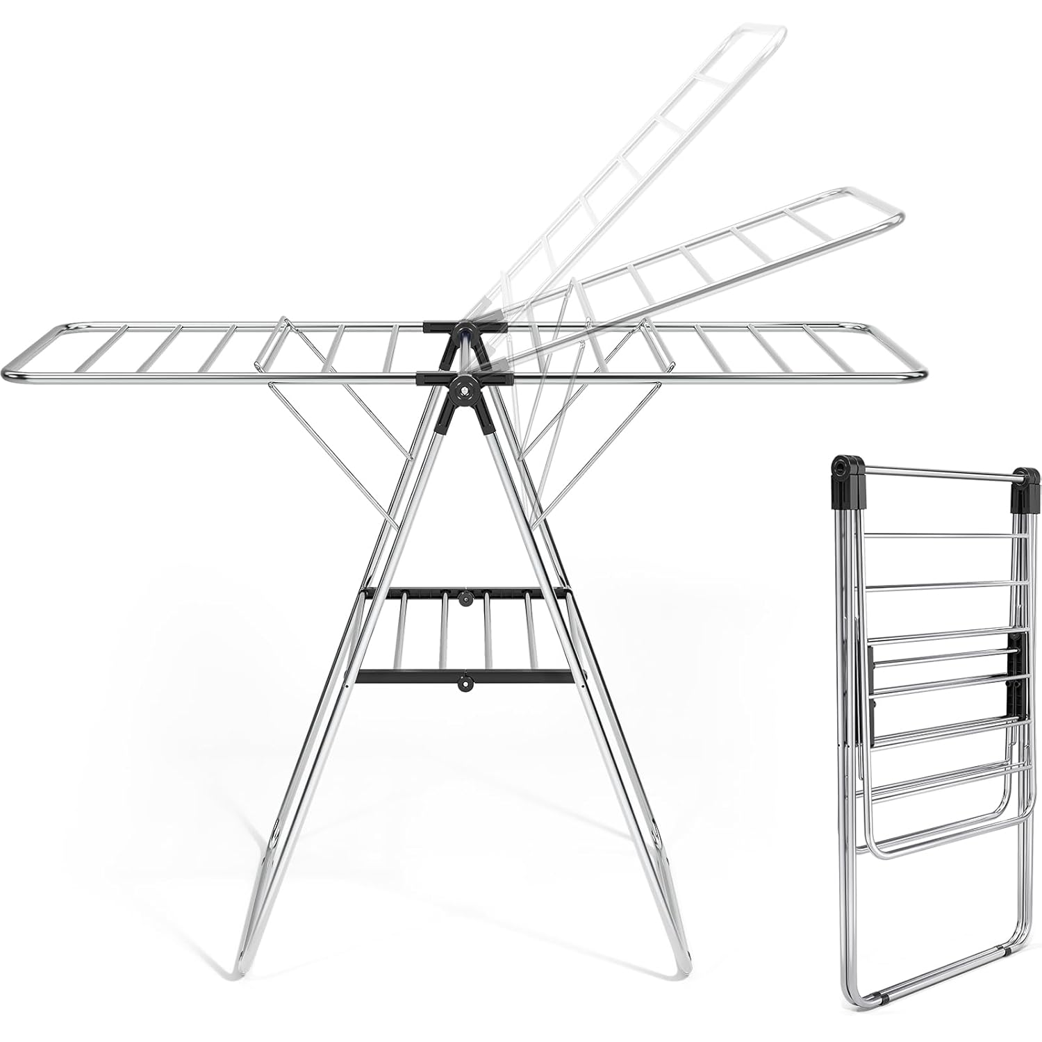 APEXCHASER Clothes Drying Rack, Drying Rack Clothing with Height-Adjustable, Foldable Gullwings Laundry Rack, Indoor Outdoor Use, No Assembly,Black - NestledHome