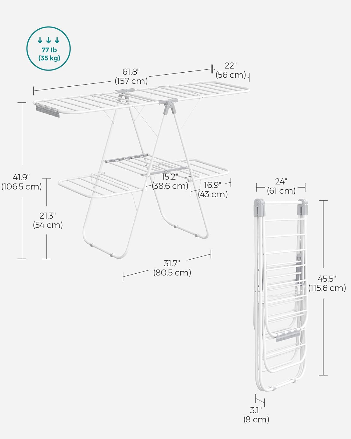 SONGMICS Clothes Drying Rack, Foldable 2-Level Laundry Drying Rack, Free-Standing Laundry Airer, with Height-Adjustable Wings, 33 Drying Rails, Sock Clips, White and Gray ULLR053G01V1 - NestledHome