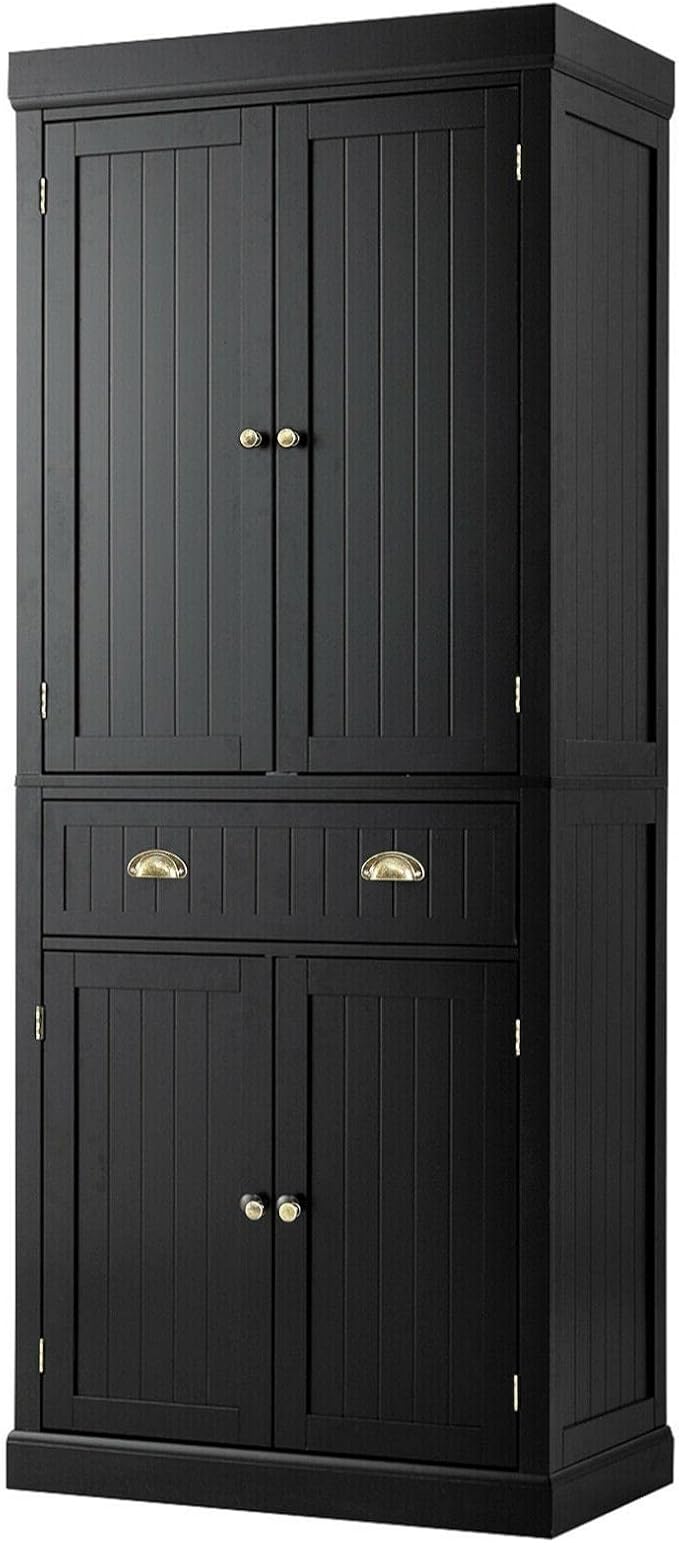 Nightcore Freestanding Kitchen Pantry Cupboard, 6ft Wood Cupboard w/ 4 Adjustable Shelves, 2 Wood Pantries, & 1 Drawer, Utility Storage Cabinet for Kitchen, Hallway, Living Room, Bathroom (Black)