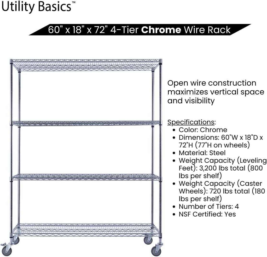 60"x18"x72" Chrome Premium Metal Steel Wire Shelving 4-Tier NSF 3200 LBS MAX Capacity Heavy Duty Storage Rack for Garages, Commercial Spaces, Hospitals, & Schools w/Premium Wheels - NestledHome