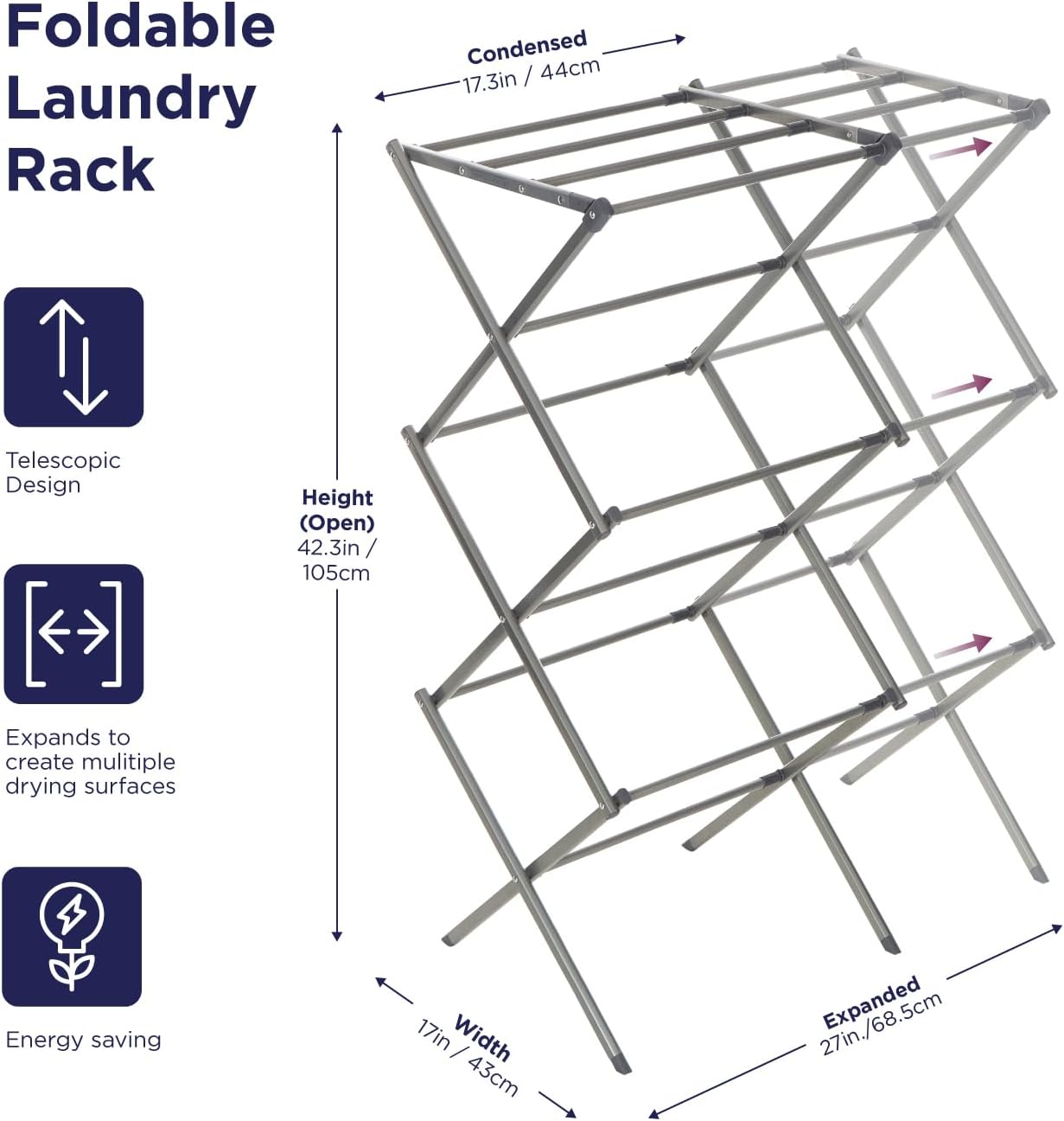 BLACK+DECKER 3 Tier Expandable Collapsing Foldable Laundry Rack for Air Drying Clothing, Space Saving Heavy Duty Lightweight Metal Drying Rack(Silver) - NestledHome