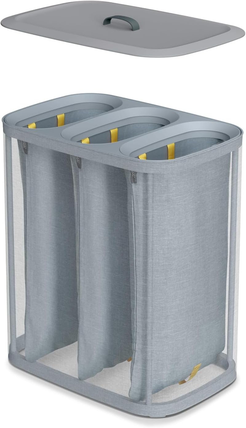 Joseph Joseph Tota Trio 90 liter/23.8 gallon Laundry Hamper Separation Basket with lid, 3 Removable Washing Bags with Handles- Gray - NestledHome