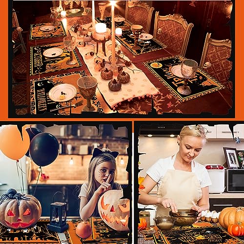 6 Pcs Halloween Placemats 12"x18" Gothic Bat Placemats Kitchen Decoration Washable Witch Place Mats Rectangle Skull Table Mats for Halloween Dining Table Accessories