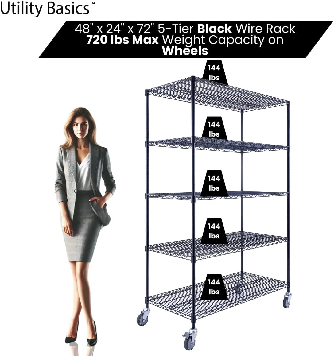 48"x24"x72" Black 5-Tier Premium Wire Shelving NSF 4000 LBS MAX Capacity Heavy Duty Steel Storage Rack for Warehouses, Garages, Hospitals, Commercial Spaces, & Schools w/Premium Wheels - NestledHome