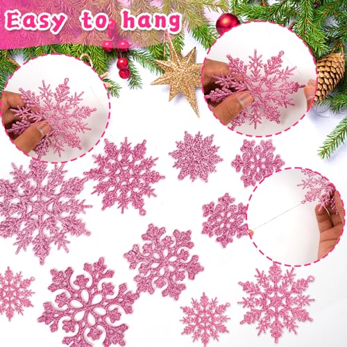 36pcs Christmas Light Pink Snowflake Ornaments Plastic Glitter Snow Flakes Ornaments for Winter Christmas Tree Decorations Size Varies Craft Snowflakes (36 Count)