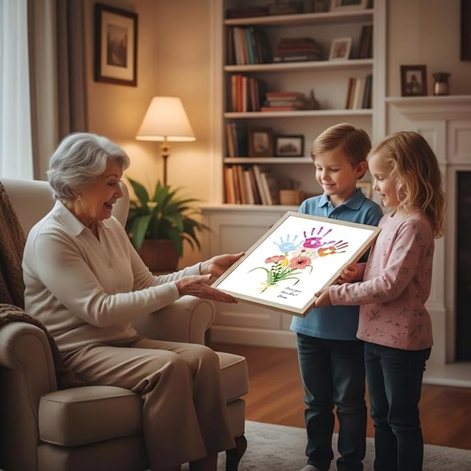 Physkoa Mom & Grandma Keepsake Gift — Handprint Flower Craft with Wood Frame — Great Grandma Gift for Birthday or Xmas— 2 Art Styles + Washable Ink Pads