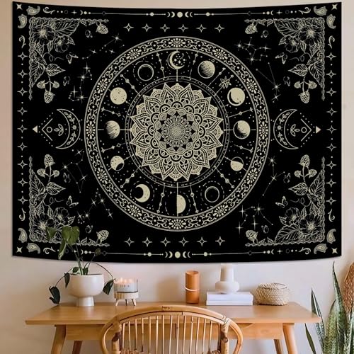 Mandala Moon Tapestry Boho Tapestry for Bedroom Black Tapestries Wall Hanging Living Room Wall Art and Home Decor 44x60