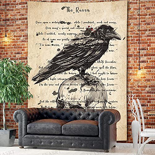 Raven Tapestry Edgar Allan Poe Poem Tapestry Gothic Skull Dictionary Tapestries Wall Hanging Background 60x80 Inches Living Room Bedroom Home Dorm