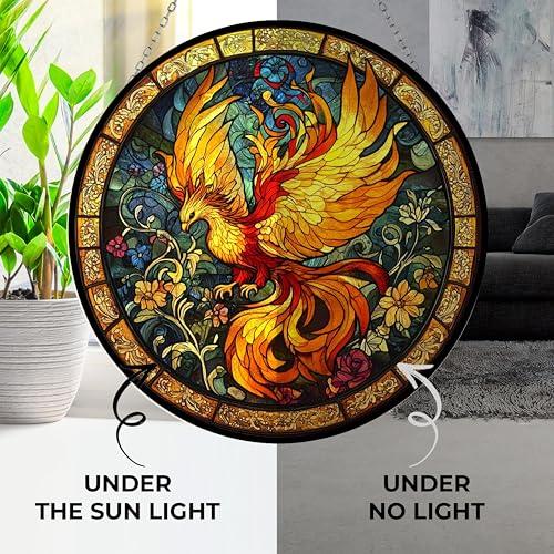 Sacred Phoenix Bird Suncatcher Stained Glass Window Hangings Sun Catchers Colorful Ornament Gifts for Women Mom Wife Halloween Christmas Housewarming 6.3”