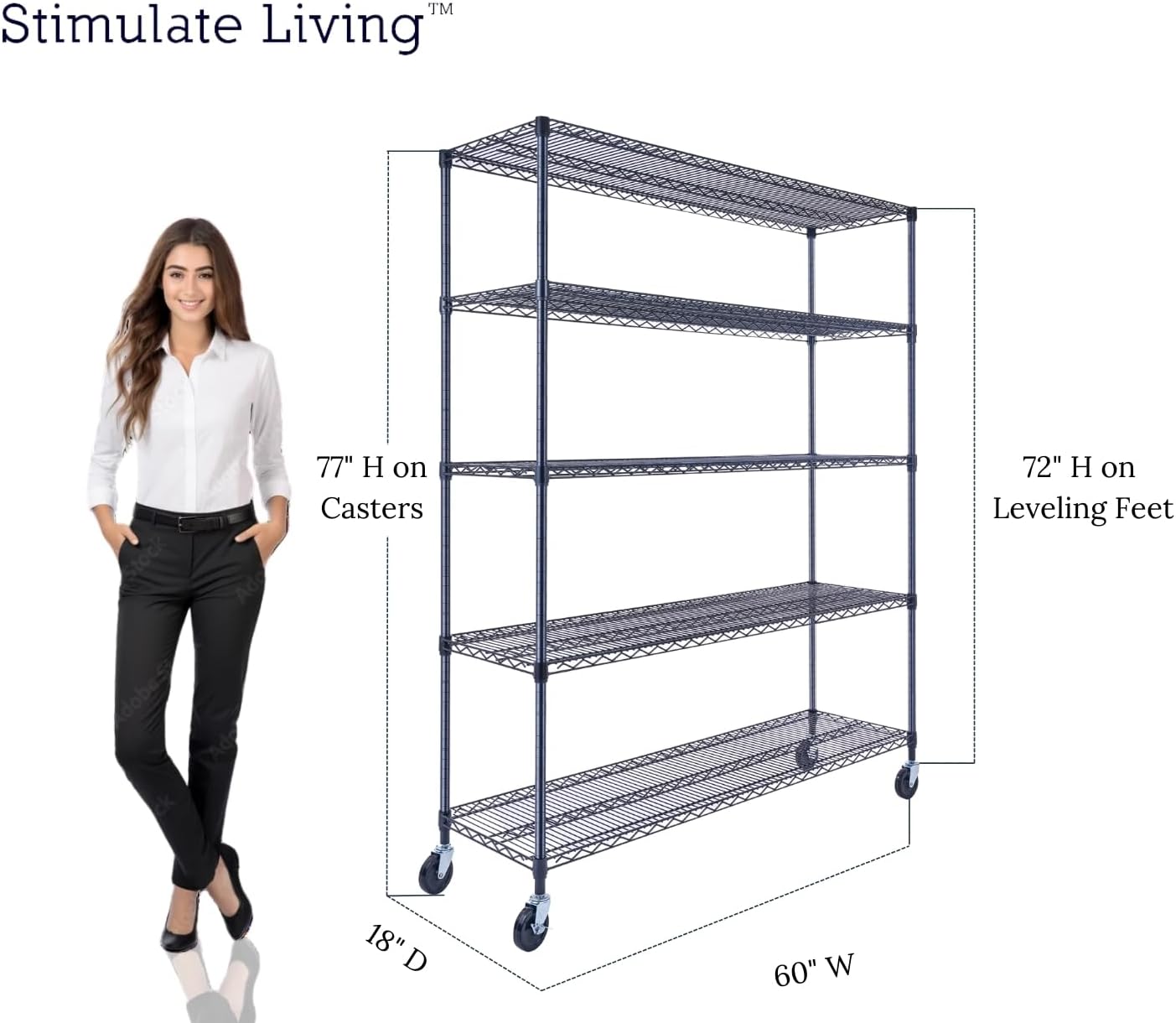60"x18"x72" Prime Heavy Duty Black 5-Tier Wire Shelving NSF 4000 LBS MAX Capacity Storage Rack for Commercial, Hospital, School, Garage, and Kitchen Uses (with Wheels) - NestledHome