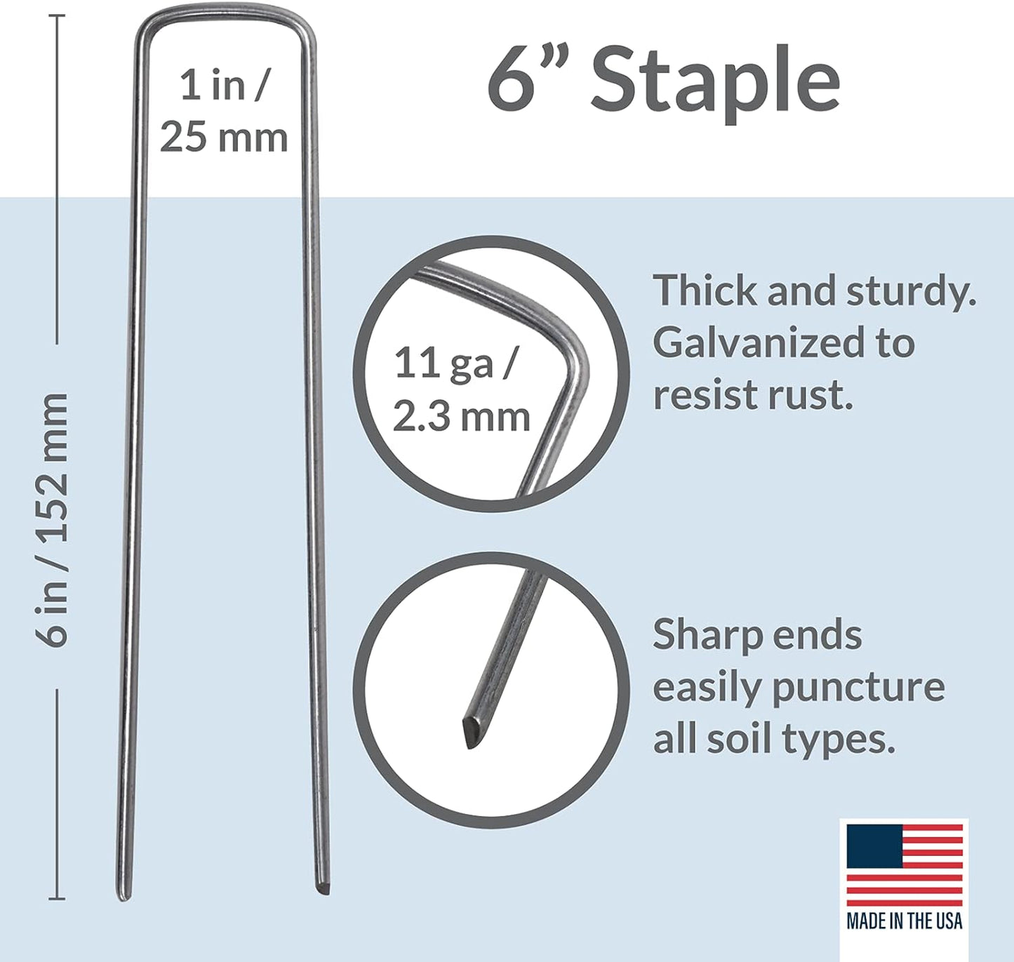 Pinnacle Mercantile USA Made 100 Pack Garden Landscape Staples Weed Barrier Fabric Stakes Galvanized 6 inch Pins Anti Rust Sod Staple 11 Gauge Steel