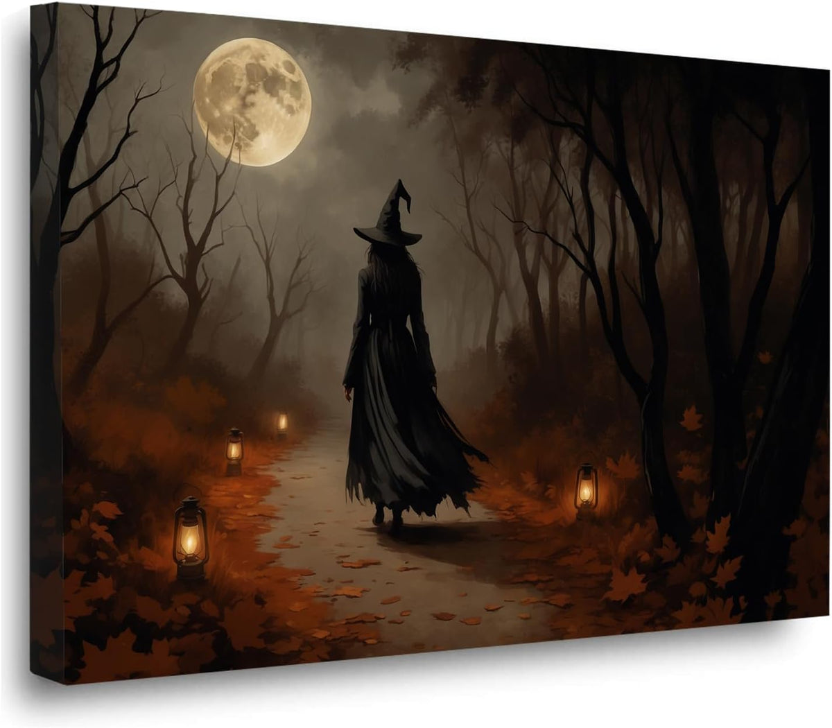 Moonlight witch poster dim lantern Halloween decoration Gothic style dark retro college style canvas wall art suitable for living room bedroom20x30in Wood Framed