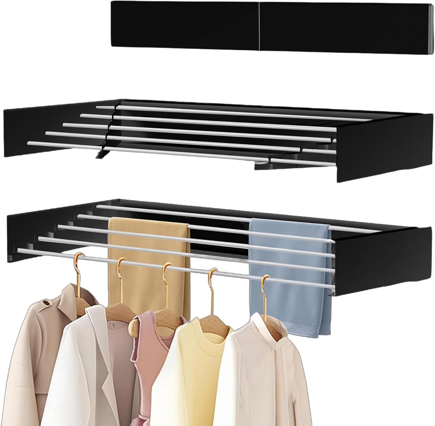 Laundry Drying Rack Collapsible, Wall Mounted Clothes Drying Rack. 39.37" Wide, 19.3 Linear Ft, 5 Aluminum Rods, with Wall Template, Screwdriver Bit (Black 1M) - NestledHome