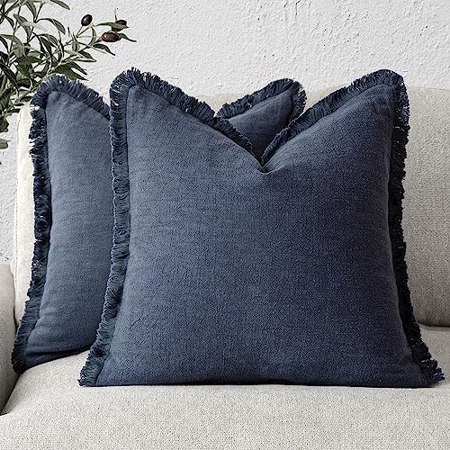 Decorative Linen Fringe Throw Pillow Covers 16×16 Inch (2 Count)