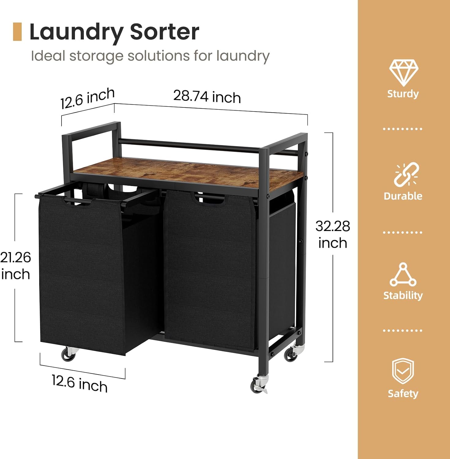 Laundry Hamper, Laundry Basket, Laundry Sorter with 2 Removable Bags, Clothes Basket with 2 Compartments, Wheels, Shelf for Laundry Room Bathroom Bedroom (2 Bags-Black) - NestledHome