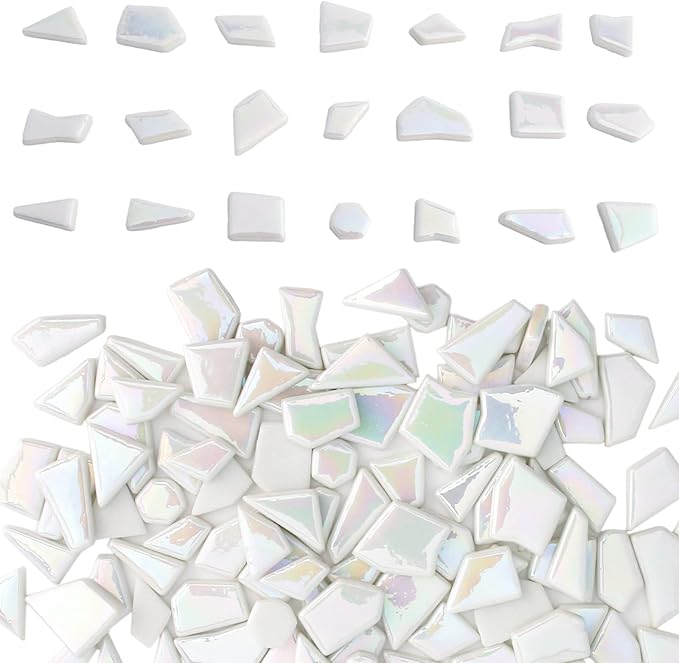 Youway Style Iridescent White Mosaic Tiles for Crafts Bulk,200g White Stained Glass Mosaic Supplies,Broken Glass Pieces for Garden Kit Crafts,DIY Mosaic Art