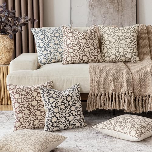 Set of 2 Decorative Neutral Floral Throw Pillow Covers Accent Farmhouse Cushion Covers Boho Vintage Pillowcase for Couch Sofa Bedroom Living Room Home Decor (2 Count)