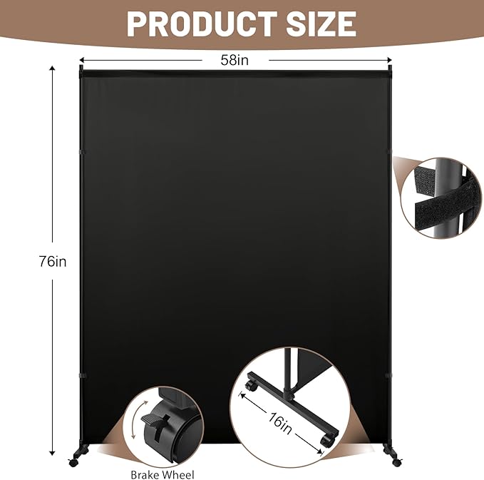 Single Panel Room Divider/Privacy Screen with Caster Wheels and Brakes - Stylish and Versatile Partition for Home,Office,School and Restauran (Black, 5FT*6FT)