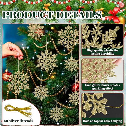 60pcs Christmas Gold Snowflake Ornaments Plastic Glitter Snow Flakes Ornaments for Winter Christmas Tree Decorations Size Varies Craft Snowflakes (60 Count)