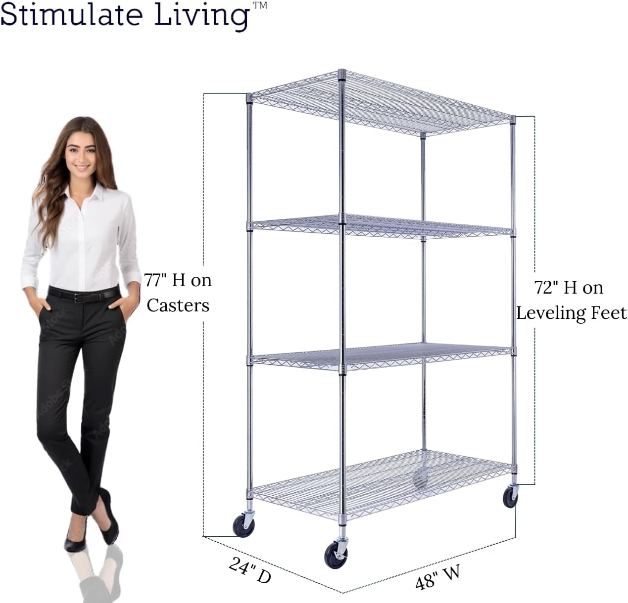 48"x24"x72" Prime Heavy Duty Chrome 4-Tier Wire Shelving NSF 3200 LBS MAX Capacity Storage Rack for Commercial, Hospital, School, Garage, and Kitchen Uses (with Wheels) - NestledHome