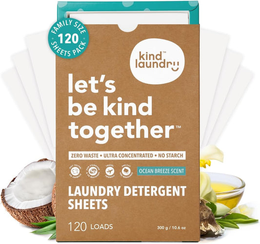 Kind Laundry Detergent Sheets with Stain-Fighting Enzymes - Plant Powered Eco-Friendly Laundry Soap Sheets - Home or Travel Laundry Detergent - Ocean Breeze, 120 Loads (Mom's Choice Award Winner) - NestledHome