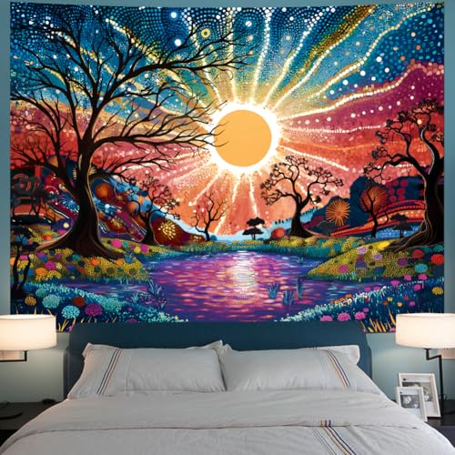 Tree of Life Tapestry Trippy Sun Forest Tapestries Colorful Starry Sky Tapestries Hippie Nature Landscape Wall Tapestry Aesthetic Vintage Wall Hanging for Living Room Bedroom