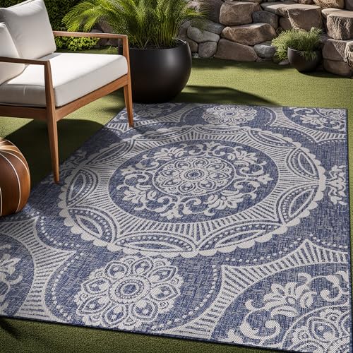 Medallion Outdoor Rug 9x12 Washable Outside Carpet for Indoor Patio Porch Waterproof Easy Cleaning Non Shedding Area Rugs Blue 9 x 12