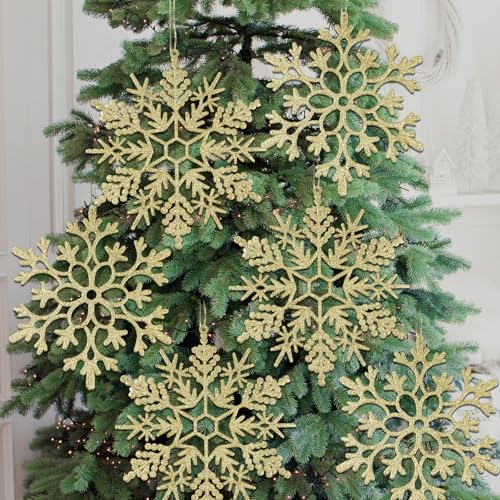 6pcs Large Gold Snowflakes Ornaments 12" Big Plastic Glitter Snowflake for Winter Indoor Outdoor Christmas Tree Window Room Decorations Giant Craft Snowflakes (6 Count)