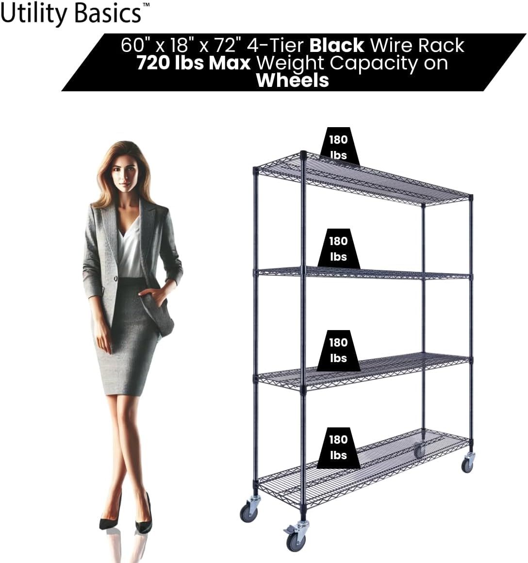 60"x18"x72" Black Premium Metal Steel Wire Shelving 4-Tier NSF 3200 LBS MAX Capacity Heavy Duty Storage Rack for Garages, Commercial Spaces, Hospitals, & Schools w/Premium Wheels - NestledHome