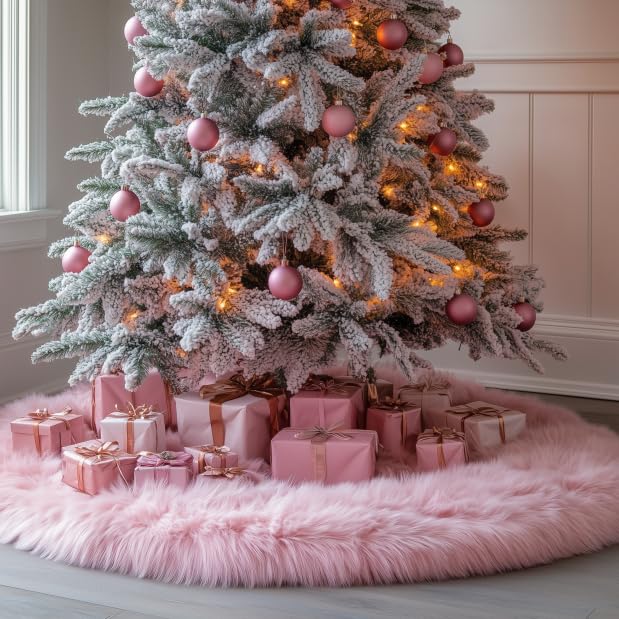 60 Inch Pink Christmas Tree Skirt Plush Decoration for Merry Christmas Party