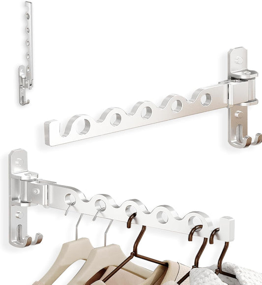 Dr.DJ Wall Hanger for Clothes, Coat Hanger Wall Mounted Silver Retractable Clothes Drying Organizer Rack Garment Hooks Aluminium Folding Indoor Space Save (2 Racks) Silver - NestledHome
