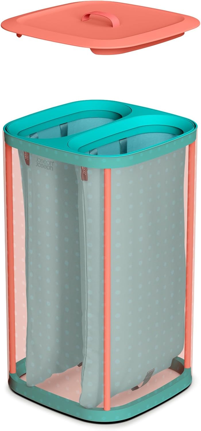 Joseph Joseph Tota Pop 60 liter/15.8 gallon Laundry Hamper Separation Basket with lid, 2 Removable Washing Bags with Handles- Coral/Green - NestledHome